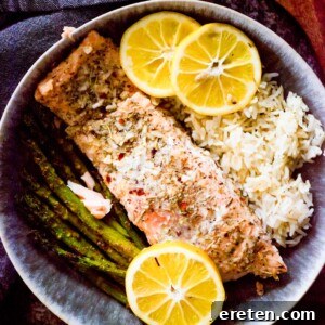 Zesty Lemon Butter Salmon Parcels 9 lemon butter salmon with rice and roasted asparagus