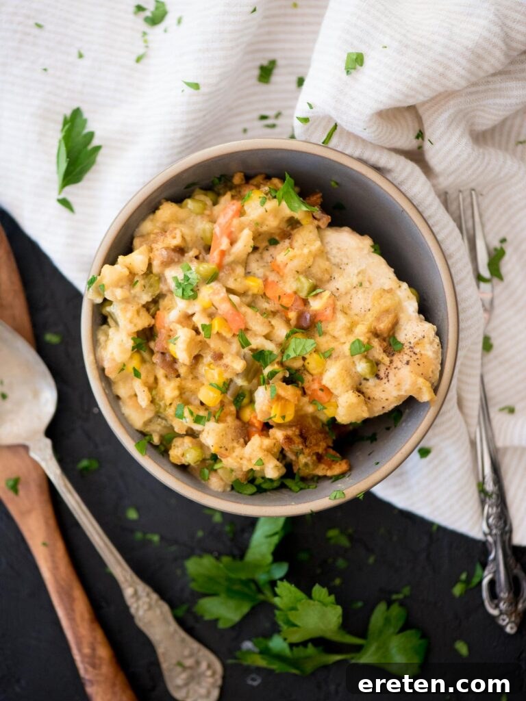 A generous serving of crockpot chicken and stuffing casserole, garnished with fresh parsley, ready to be enjoyed in a rustic bowl.