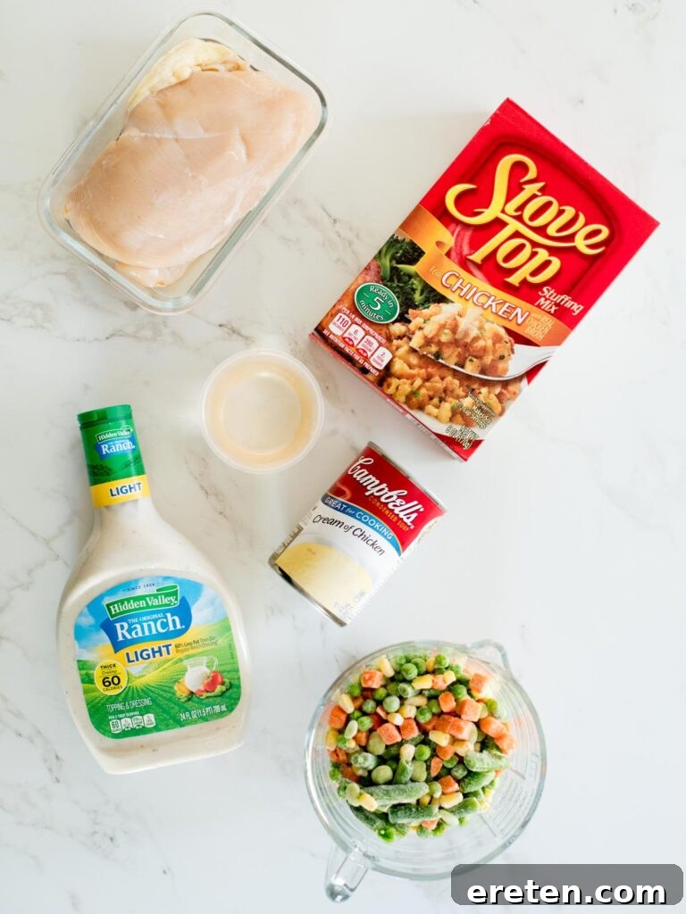 A flat lay photograph showcasing all the fresh and frozen ingredients laid out for making the Crockpot Chicken and Stuffing Casserole.