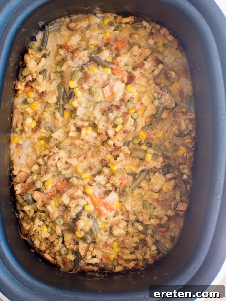 The beautifully cooked chicken and stuffing casserole, golden and bubbly, fresh out of the crockpot.