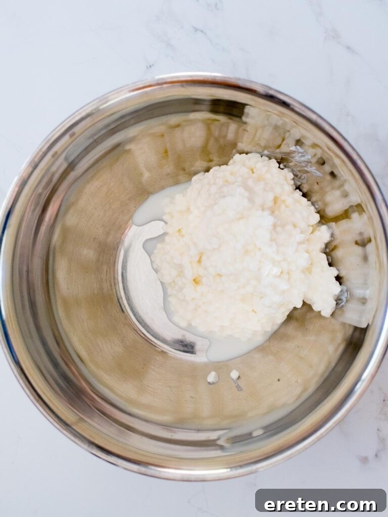 cottage cheese in a mixing bowl