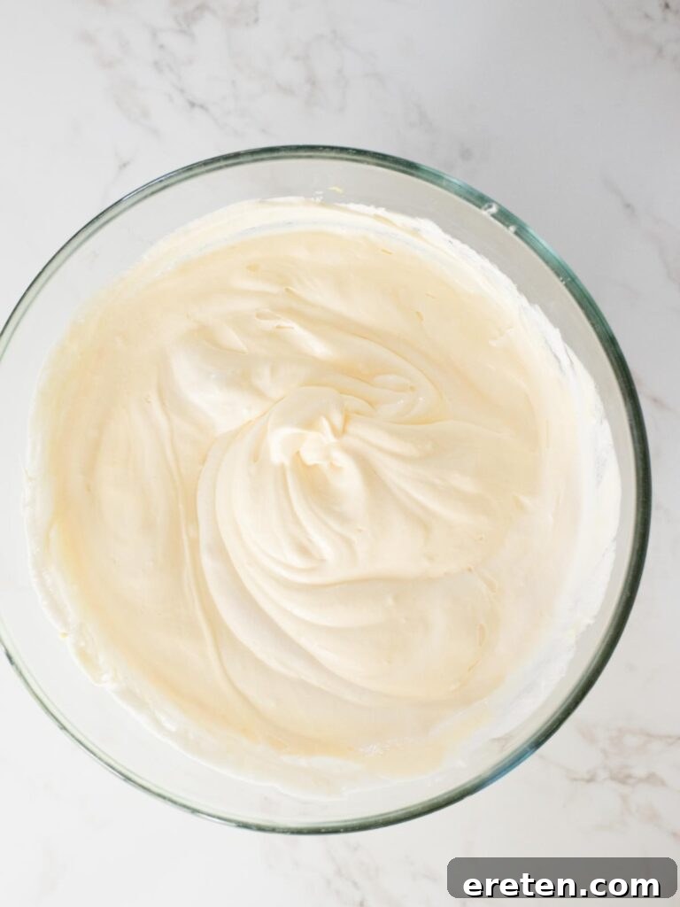 The final light and airy pudding filling mixture, ready for layering, in a mixing bowl.