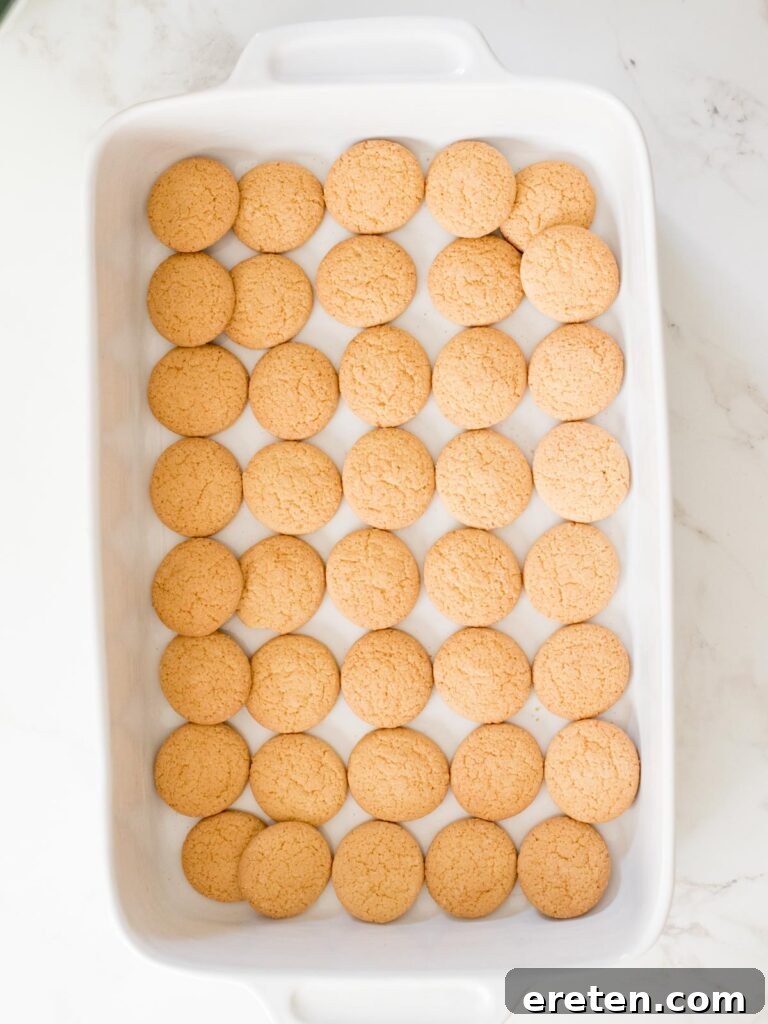 A 9x13 inch casserole dish completely lined with a single, even layer of vanilla wafers.