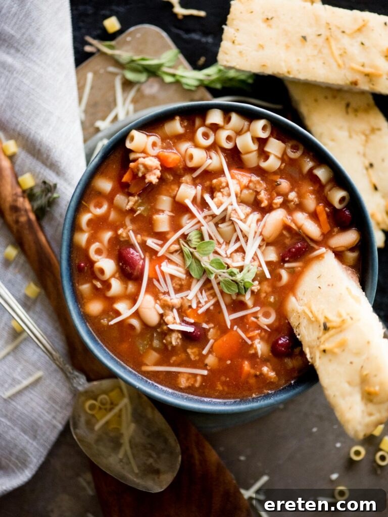Quick and Comforting Pasta Fagioli 2 pasta fagioli soup with parmesan and breadstick