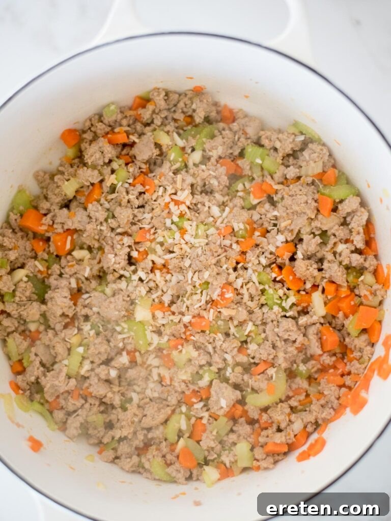 Quick and Comforting Pasta Fagioli 8 dried onion added to turkey sausage mix