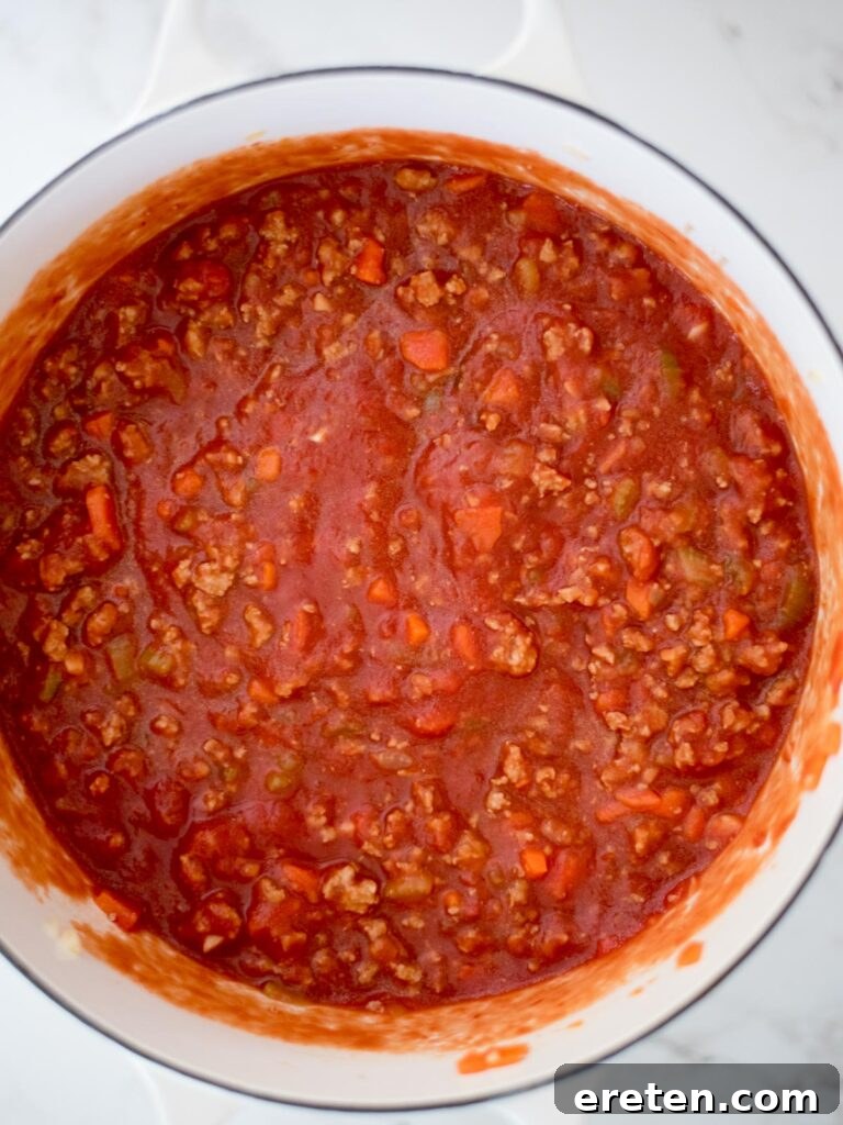 Quick and Comforting Pasta Fagioli 10 canned tomatoes stirred into the sausage mix in dutch oven