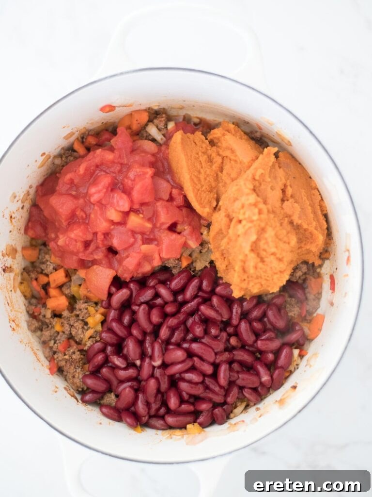 Diced tomatoes, creamy pumpkin puree, and kidney beans added to the seasoned beef and vegetable base.